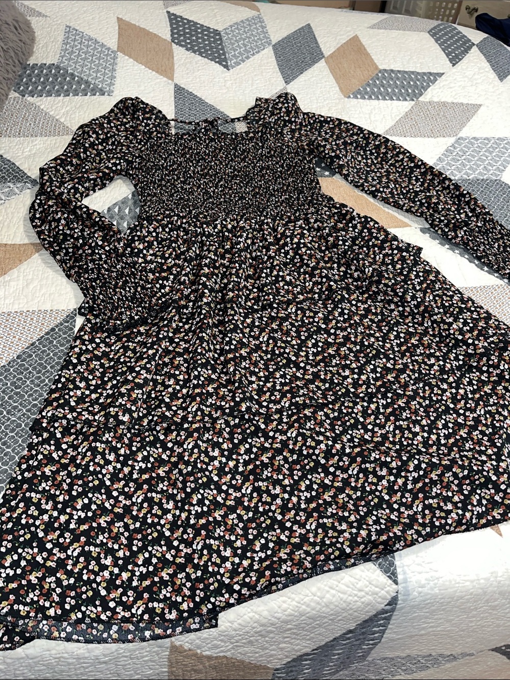 Amazon Black Floral Long-Sleeve Smocked Waist Midi Dress